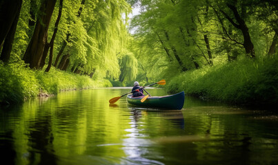 Canoe on spring babbling brook. River with a kayak. Camping in the great outdoors with a stream, Generative AI 