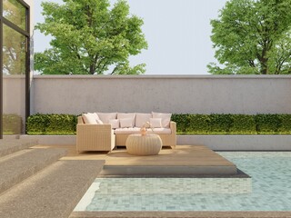 Outdoor swimming pool seating area evening sun with beige rattan sofa set and the green bushes.3d render