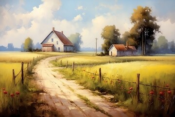 Vintage impressionist old farm house in a field in the morning. Oil painting of summer road and fence leading to a homestad, Generative AI