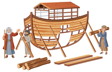 People Building Wooden Boat: A Vector Cartoon Illustration