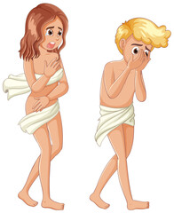Shame Banished: Adam and Eve Cartoon Character - obrazy, fototapety, plakaty
