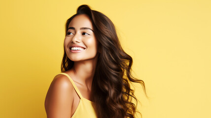 Happy young woman on a yellow background
