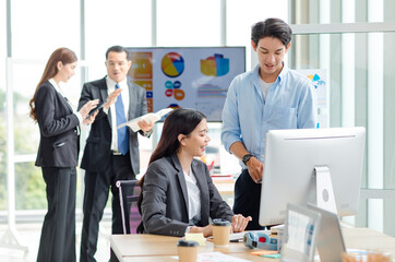 Asian professional successful male businessman mentor supervisor in casual outfit standing smiling...