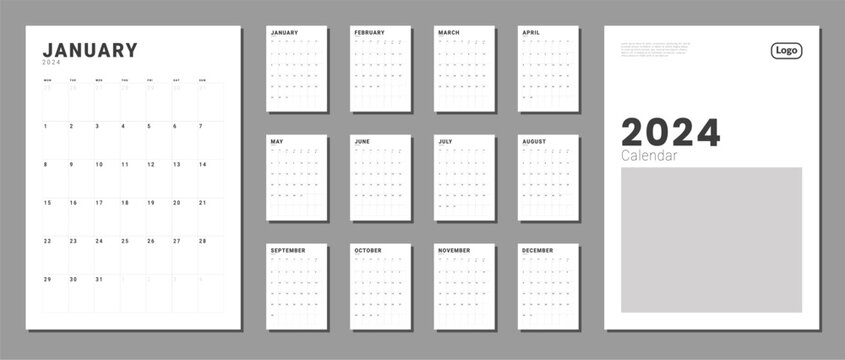 Set of Monthly pages Calendar Planner Templates 2024 with Cover. Vector layout of a vertical simple calendar with week start Monday. Calendar grid for print. Pages for size A4 or 21x29.7 cm