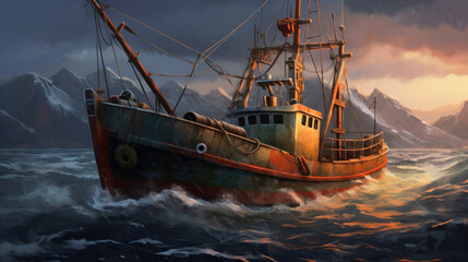 Shrimp Boat at cold Sea - obrazy, fototapety, plakaty