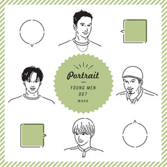 若い男性の線画表情セット（モノクロ）