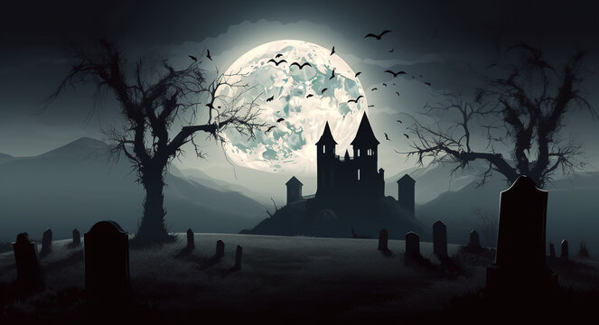 A spooky banner background concept for Halloween with the silouette of a cemetery leading to a castle on a dark and spooky night with a full moon and bats flying around a dead tree. Generative AI