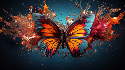 Fototapeta na wymiar Abstract painting concept. Colorful art of a butterfly flying and surrounded by water splashes. Generative AI