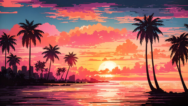 A pixelated beach scene with a vibrant orange and pink sunset, silhouetted palm trees swaying in the breeze. Generative AI