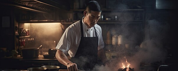 Asian chef cooking in the Chinese restaurant kitchen with smoke background. - obrazy, fototapety, plakaty