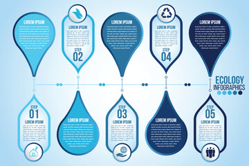 Infographic eco water blue design elements process 5 steps or options parts with drop of water. Ecology organic nature vector business template for presentation.
