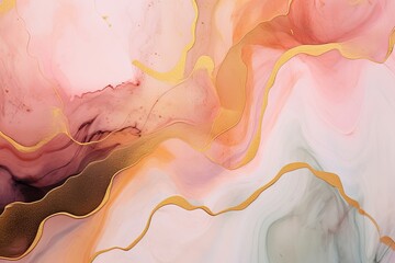 Natural  luxury abstract fluid art painting in alcohol ink technique. Tender and dreamy  wallpaper. Mixture of colors creating transparent waves and golden swirls. For posters, printed, Generative AI