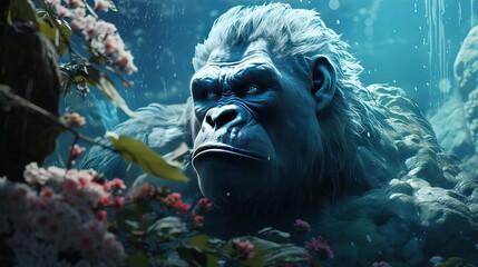 peaceful aquamarine gorilla, digital art illustration, Generative AI