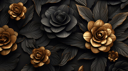 pattern made of black and golden  florals wallpaper texture, photorealistic, black background, subtle, luxurious