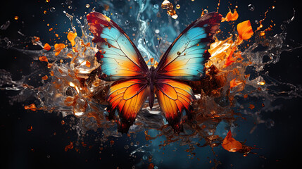 Abstract painting concept. Colorful art of a butterfly flying and surrounded by water splashes. Generative AI
