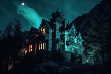 Haunted mansion, mountain, gothic, scary, night time, glow in the windows. Generative AI