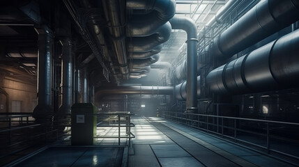 A modern gas power plant from the inside, with shiny pipes. Generative AI.