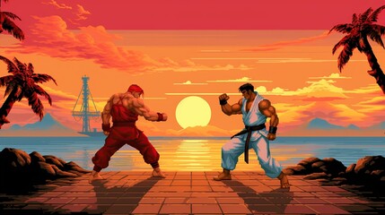 Retro fighting games. Classic 90's arcade pixel art.  - obrazy, fototapety, plakaty