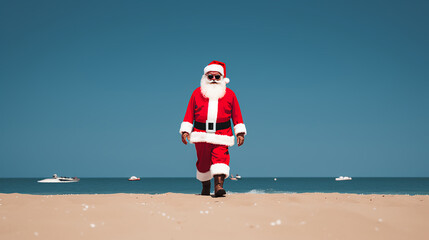 Santa walking barefoot on the beach in the sand - boats - blurred background - Christmas - Holiday - festive - vacation - getaway - holiday - resort - tropical 