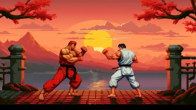 Retro fighting games. Classic 90's arcade pixel art. 