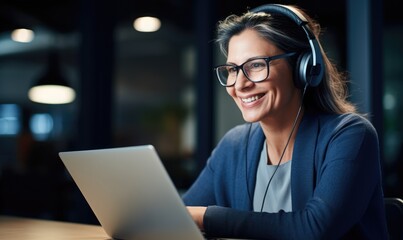 Portrait of woman working with laptop at public area