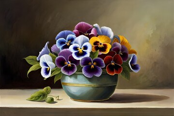 Craft an artistic composition featuring a cluster of pansy blooms, their vibrant colors forming a harmonious tapestry of beauty and sophistication, like a living masterpiece