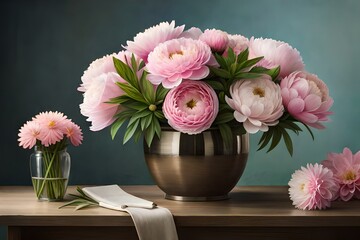 Design an artistic composition featuring a cascade of peonies in a tranquil garden, their lush petals forming a tapestry of beauty and grace