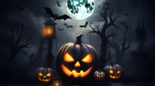 pumpkins and bats for a Halloween spooky night. Generative Ai