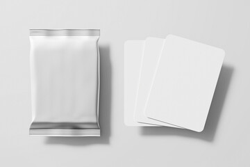2,5 x 3,5 inch size blank trading card collectible game set with shiny foil plastic booster pack mockup isolated 3d rendering illustration