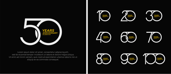 set of anniversary logo white and yellow color on black background for celebration moment