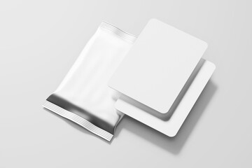 2,5 x 3,5 inch size blank trading card collectible game set with shiny foil plastic booster pack mockup isolated 3d rendering illustration