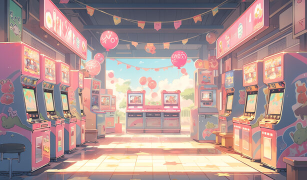 TRPGやゲームの背景として使えるピンクの可愛いゲームセンター