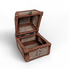 Opened Empty Medieval Chest Isolated on White Background. 3D Illustration. File with Clipping Path.