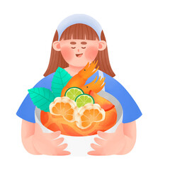 Girl Holding a Bowl With Food Brush Style Illustration