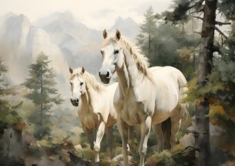 Obraz na płótnie Canvas White Horses in a Forest Oil Painting artwork, wall art, illustration, High resolution, Printable