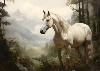 Obraz na płótnie Canvas White Horse in a Forest Oil Painting artwork, wall art, illustration, High resolution, Printable