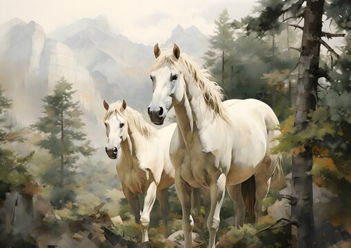 White Horses in a Forest Oil Painting artwork, wall art, illustration, High resolution, Printable