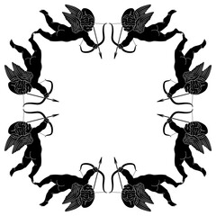 Square frame design with flying Cupids or Amurs with bows and arrows. Winged baby god of love Eros. Romantic symbol. Saint Valentine Day motif. Black and white silhouette. 