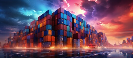 Concept of marine and carrier insurance Container yard with shipping containers in logistic shipping yard Colorful container stacks in shipping port - obrazy, fototapety, plakaty