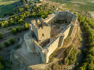 Aerial view of romantic 13th century ruined stronghold Davalillo castle with semicircular towers and rectangular homage tower above the Ebro river in Spain © tamas
