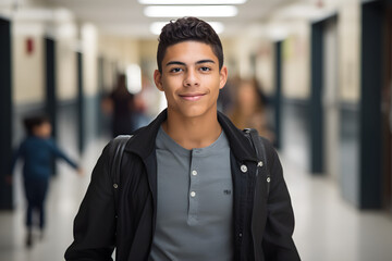 happy young Hispanic male high school student standing in a hallway, embodying the spirit of education and personal growth