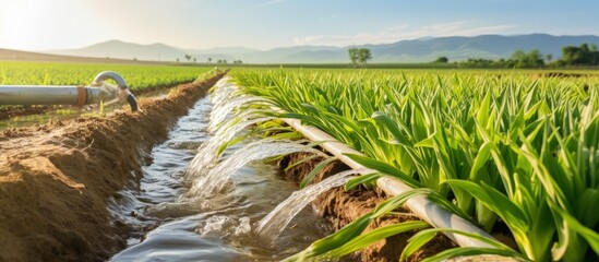 Water on a farm leek onion plantation flows through irrigation canals Conservation of water and reduction of pollution in agriculture Plant care and food growth