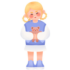 Smiling Girl Holding Teddy Bear, Adorable, Cute, Loveable, Casual Style, Blue Shoes, Yellow Hair, Fashionable, Brush Style Illustration