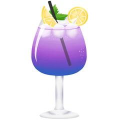 Ice Purple Blue Cocktail With Lemon, Cool, Cold, Alcohol, Drink, Beverage, Tropical, Party, Stargazing, Fresh, Refresh, Night, Champagne, Liquor, Straw, Mint, Green, Yellow, Brush Style Illustration