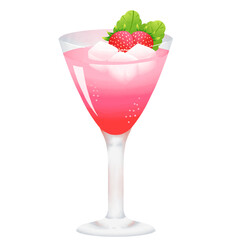 Sweet Pink Red Cocktail, Strawberry, Mint, Ice, Cool, Cold, Green, Alcohol, Liquor, Drink, Beverage, Water, Tropical, Party, Sour, Soda, Fresh, Refresh, Brush Style Illustration
