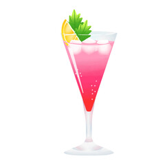 Red and Pink Cocktail, Lemon, Mint, Yellow, Green, Ice, Cool, Cold, Fruit, Alcohol, Liquor, Drink, Beverage, Tropical, Party, Fresh, Refresh, Sweet, Sour, Soda, Brush Style Illustration