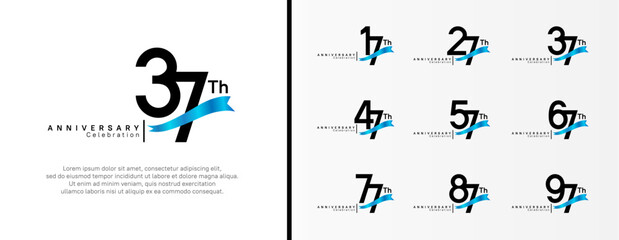 set of anniversary logo flat black color number and blue ribbon on white background for celebration