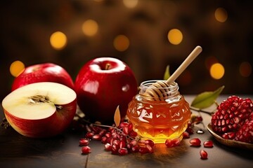 Apple and honey and pomegranate, traditional food of jewish New Year