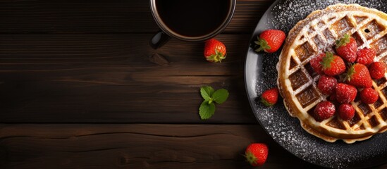 Breakfast scene with homemade waffles strawberries powdered sugar coffee and a mockup