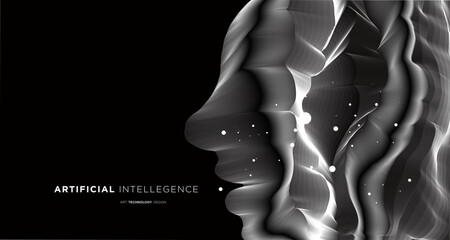 Naklejka premium Vector wave lines flowing dynamic face in black and white isolated background for the concept of AI technology digital communication science music 